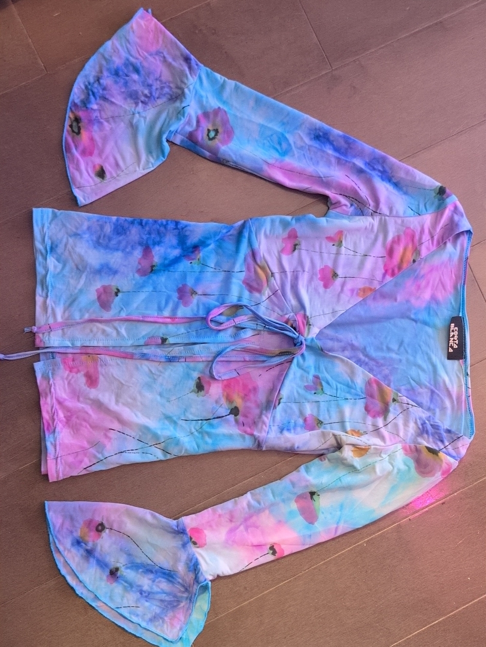 Pink & Blue Floral Wrap Blouse With Bell Sleeves